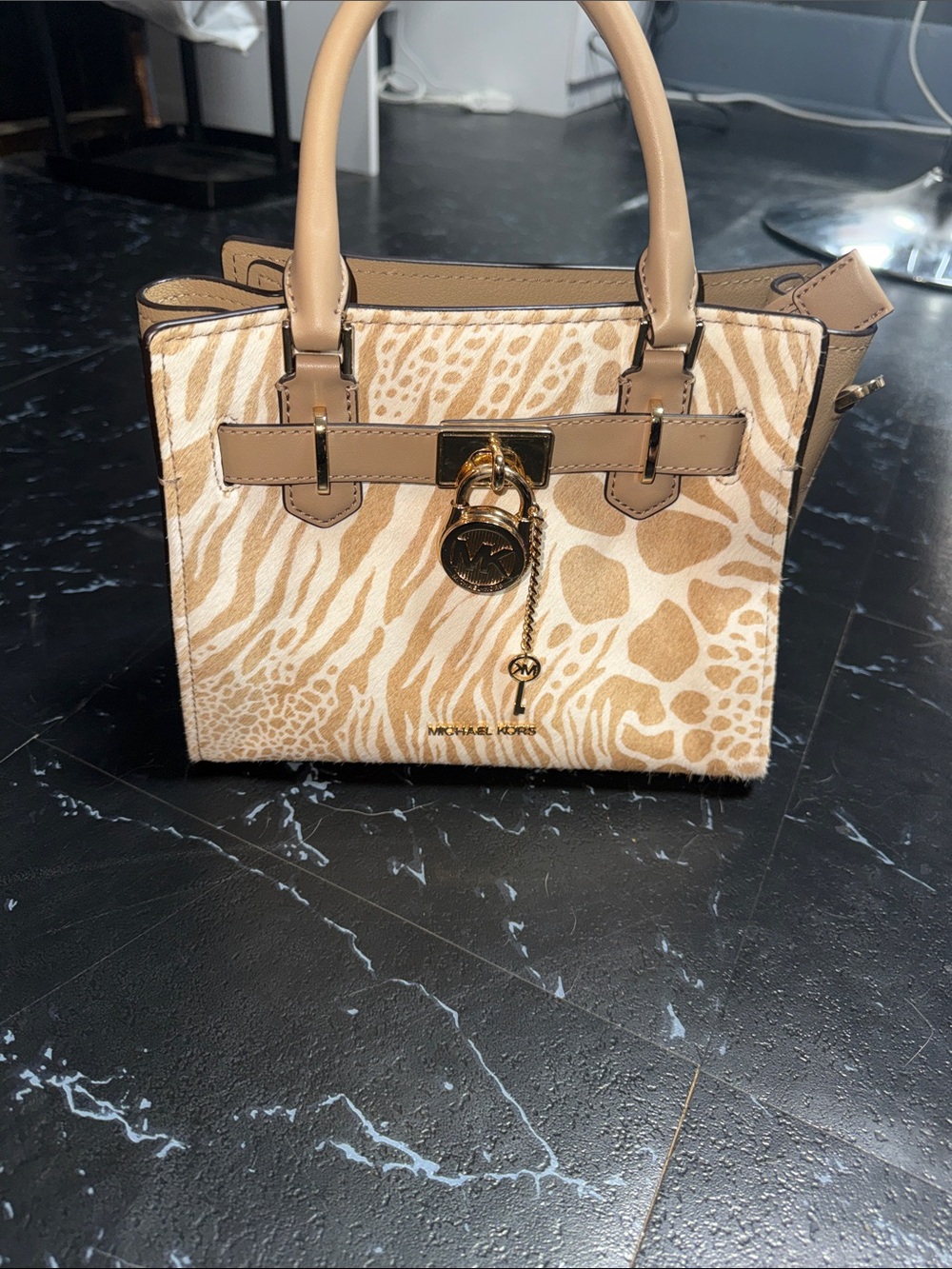 Michael Kors Tan and Cream Animal-Print Satchel